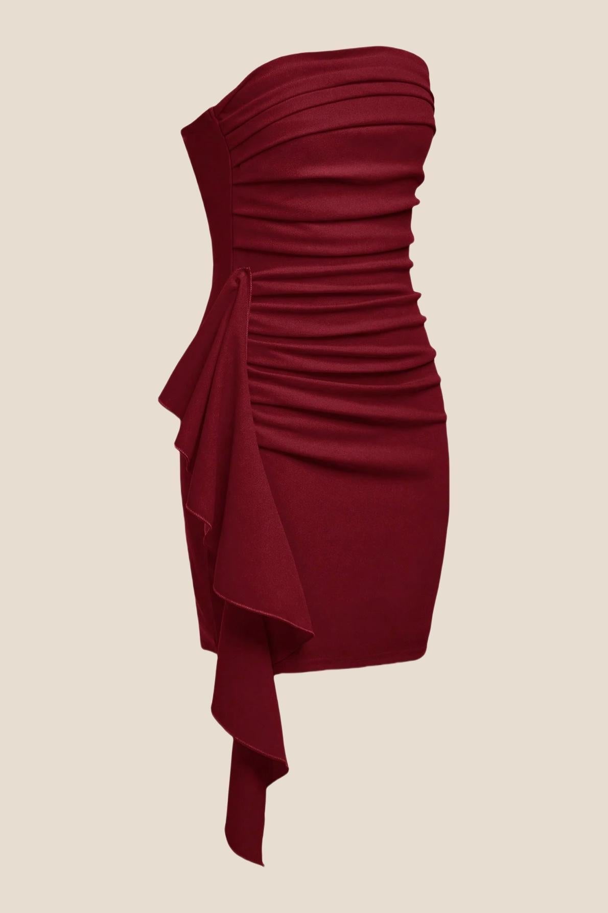 Strapless Burgundy Bodycon Short Dress with Train