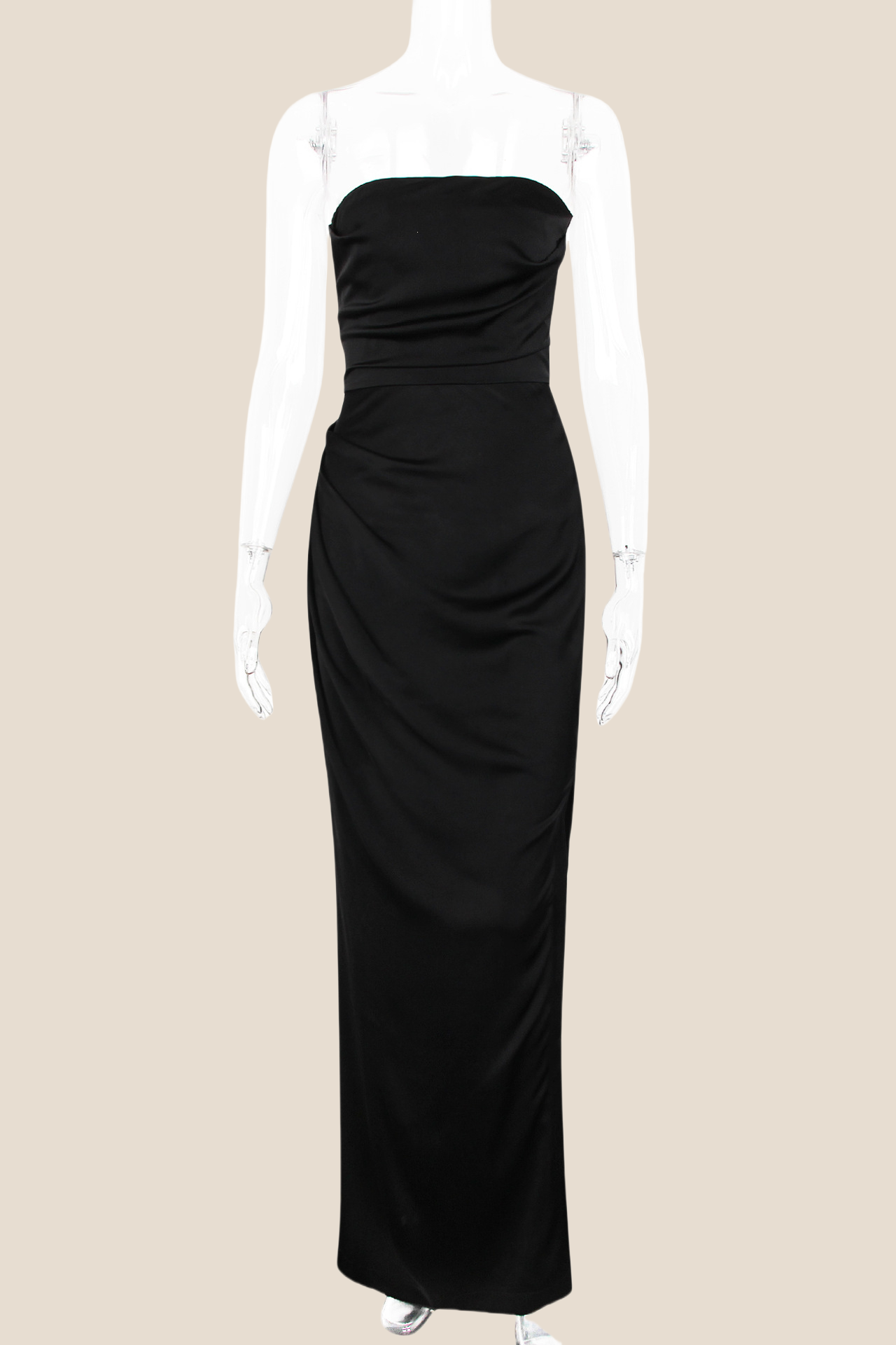 Strapless Black Ruched Long Dress with Slit