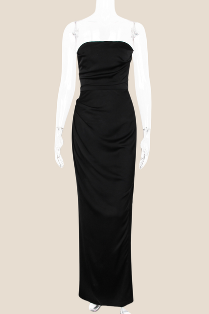 Strapless Black Ruched Long Dress with Slit