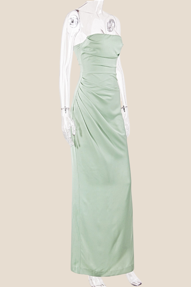 Strapless Sage Ruched Long Dress with Slit