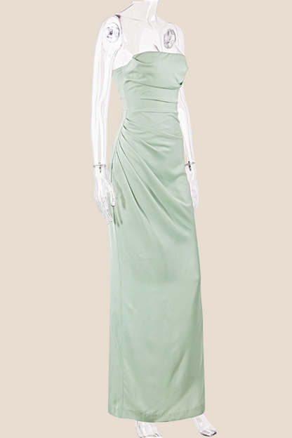 Strapless Sage Ruched Long Dress with Slit