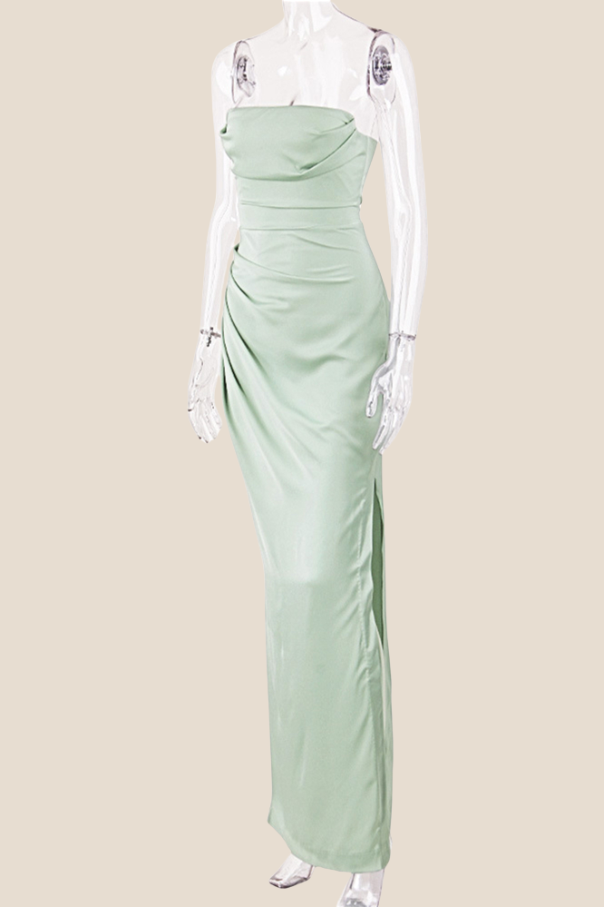 Strapless Black Ruched Long Dress with Slit