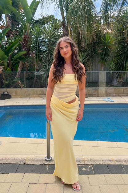 Strapless Yellow Ruched Long Dress with Cut-out