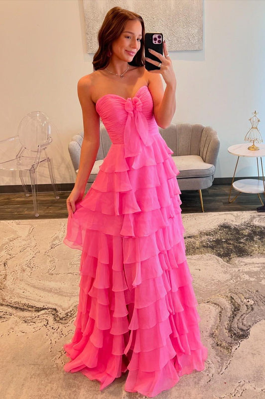 Strapless Yellow Tiered Long Dress with Bow