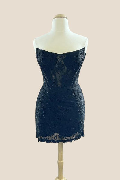Strapless Black Lace Ruched Short Dress