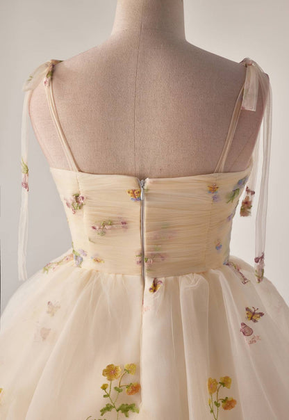 Tie Shoulder Champagne Floral Short Party Dress