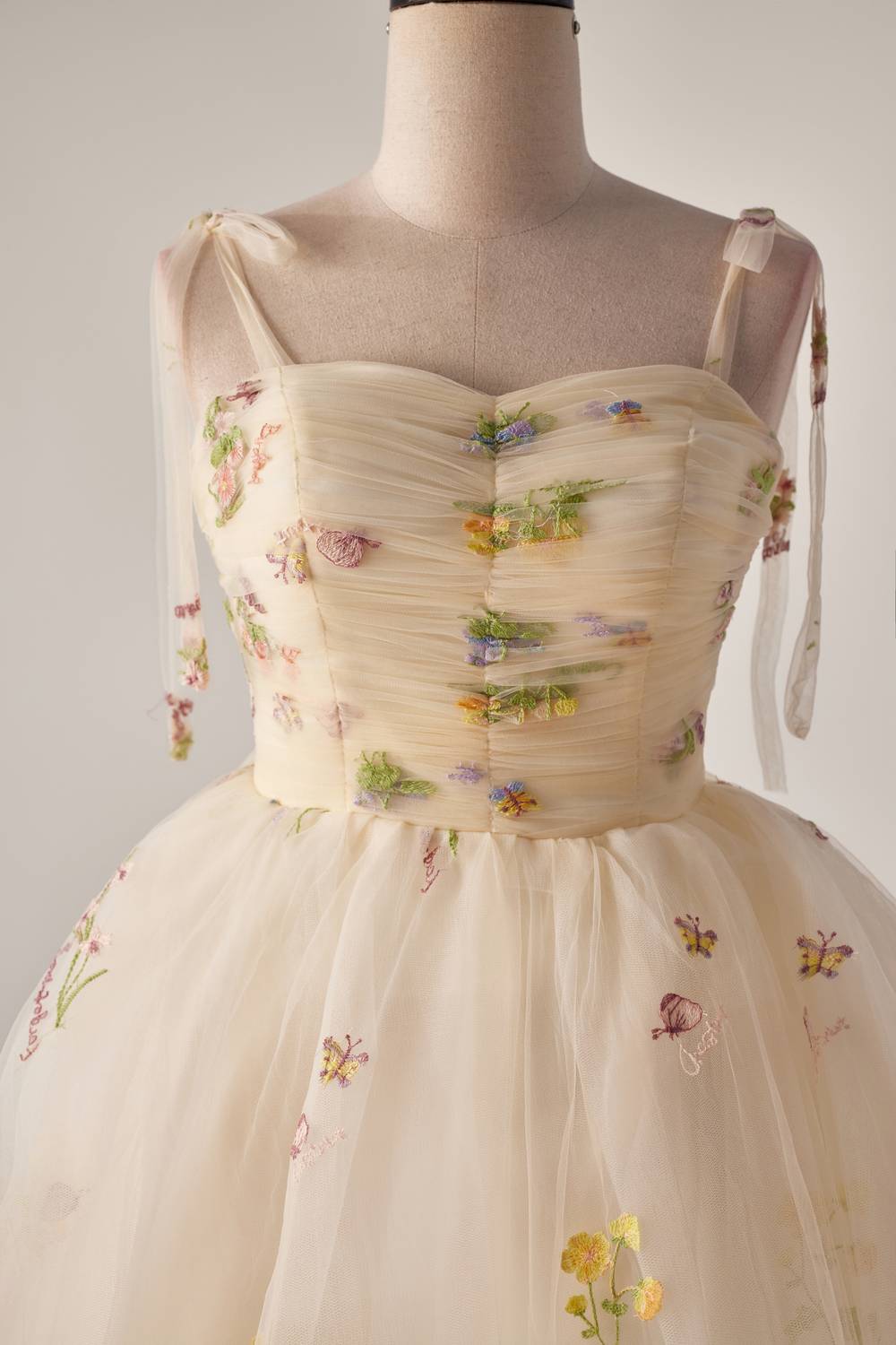 Tie Shoulder Champagne Floral Short Party Dress