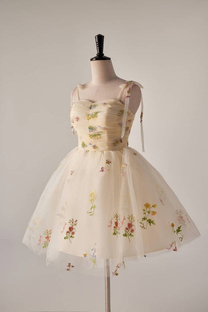 Tie Shoulder Champagne Floral Short Party Dress