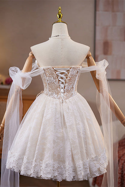 Tie Shoulder Rosette White Lace Short Dress
