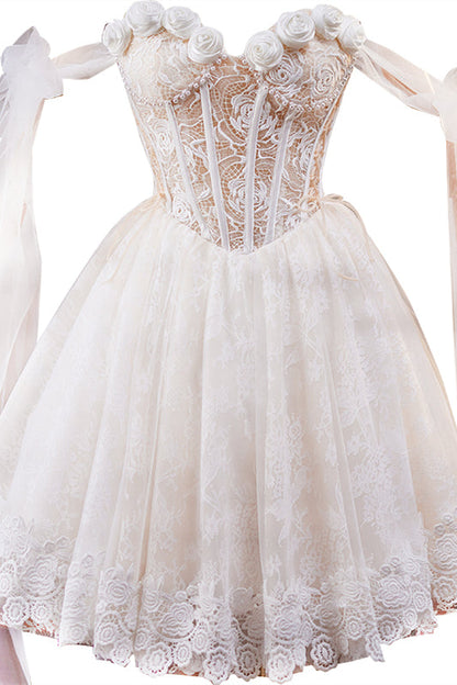 Tie Shoulder Rosette White Lace Short Dress