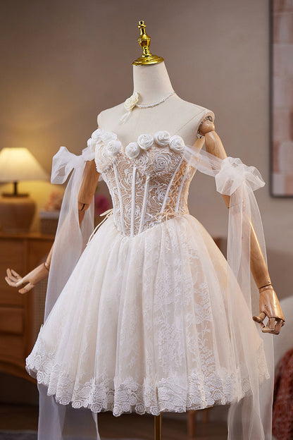 Tie Shoulder Rosette White Lace Short Dress