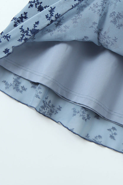 V-neck Blue Floral Print Tulle Short Summer Dress