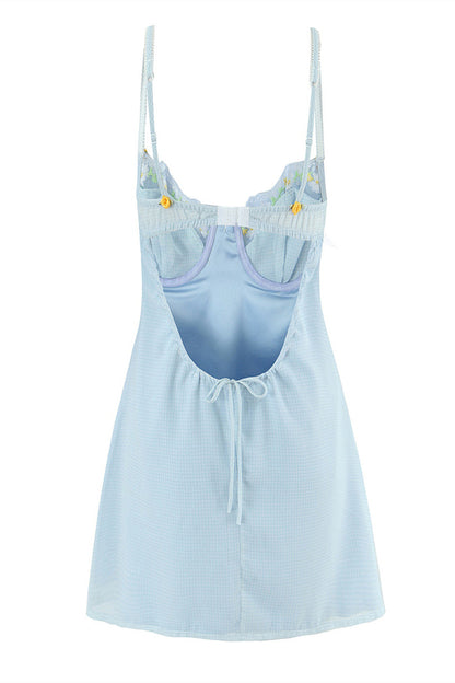 Blue Flower Embroidered A-line Short Dress