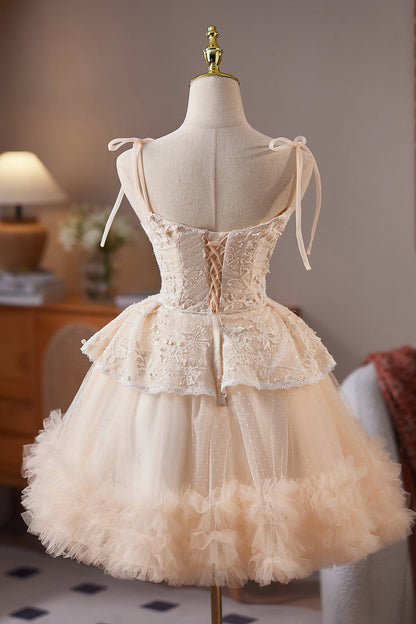 V-neck Champagne Appliques Tulle Short Dress