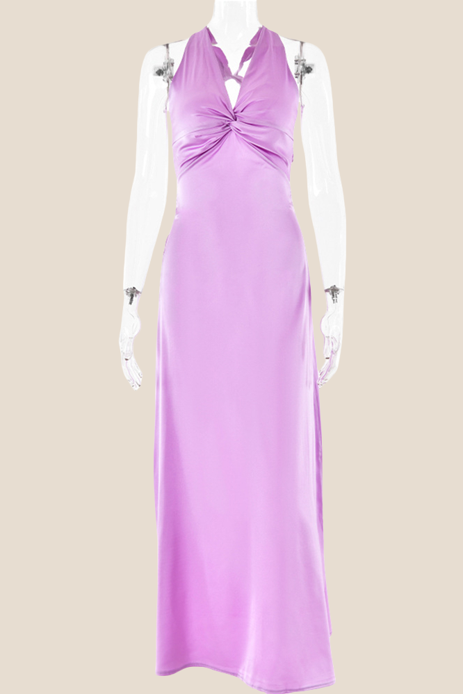 Twist V-neck Blue Open Back Sheath Long Dress