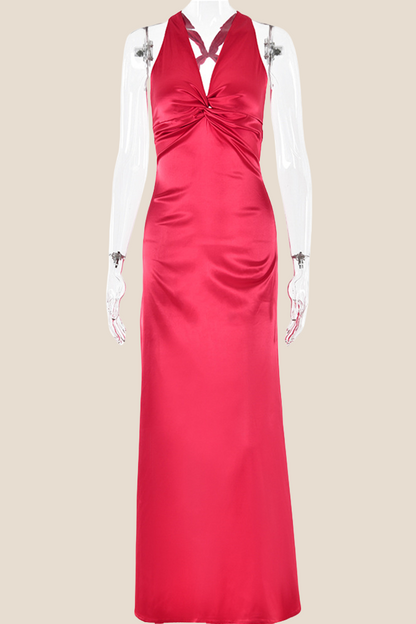 Twist V-neck Blue Open Back Sheath Long Dress