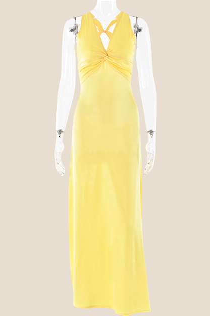 Twist V-neck Blue Open Back Sheath Long Dress