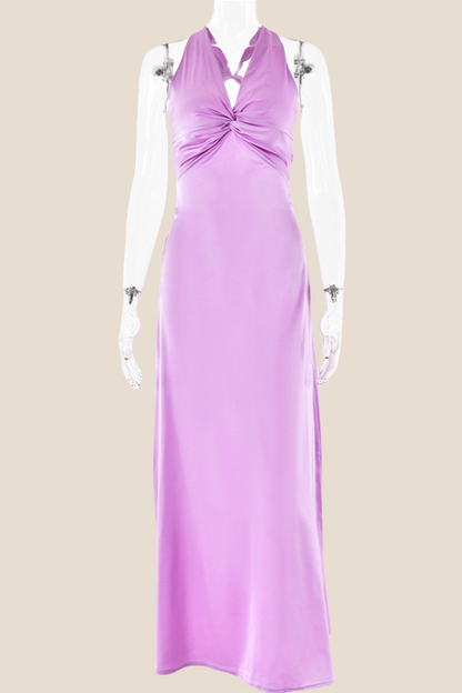 Twist V-neck Light Blue Open Back Sheath Long Dress