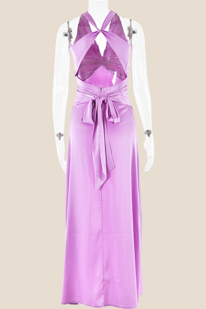 Twist V-neck Blue Open Back Sheath Long Dress