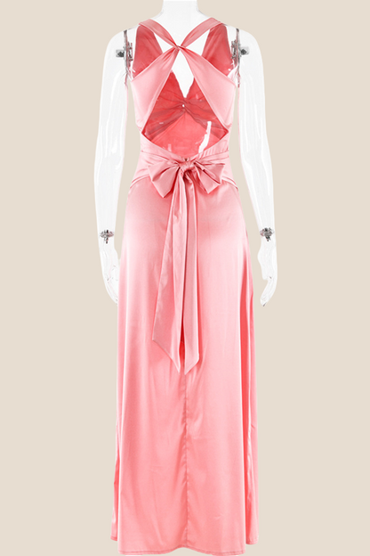 Twist V-neck Light Blue Open Back Sheath Long Dress