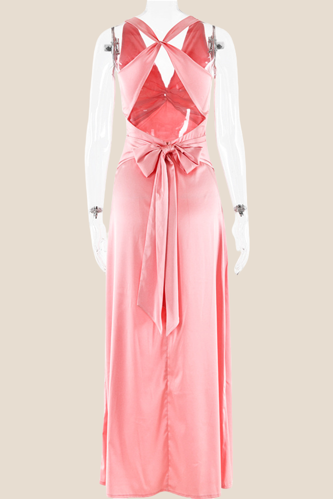 Twist V-neck Yellow Open Back Sheath Long Dress