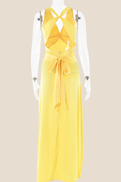 Twist V-neck Blue Open Back Sheath Long Dress