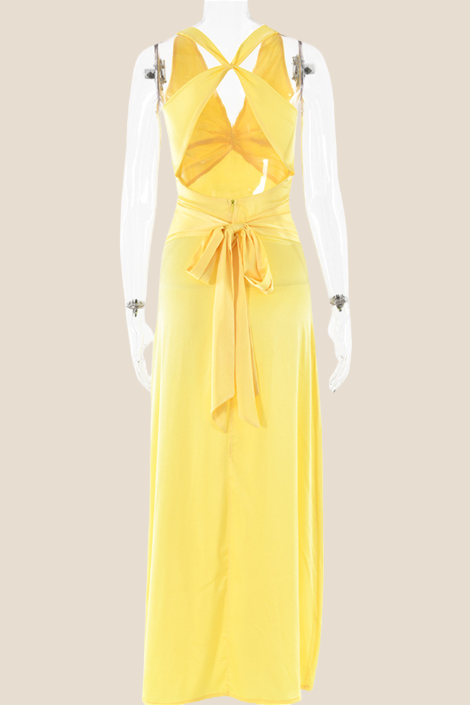 Twist V-neck Light Blue Open Back Sheath Long Dress