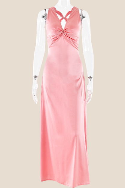 Twist V-neck Yellow Open Back Sheath Long Dress