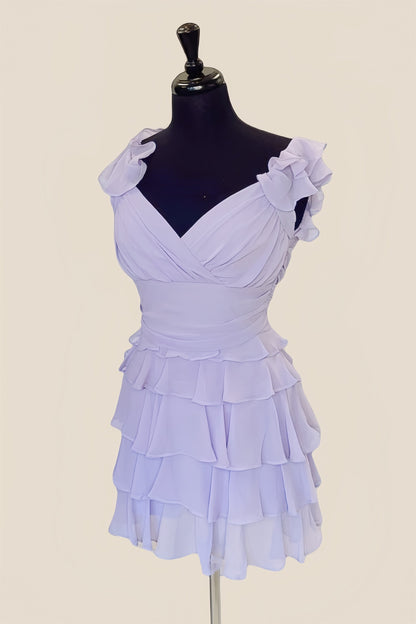V Neck Lavender Layered Chiffon Short Dress