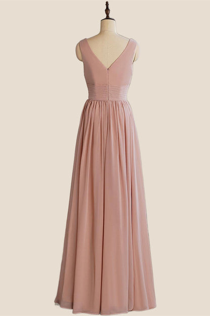 V Neck Blush Pleated A-line Long Dress