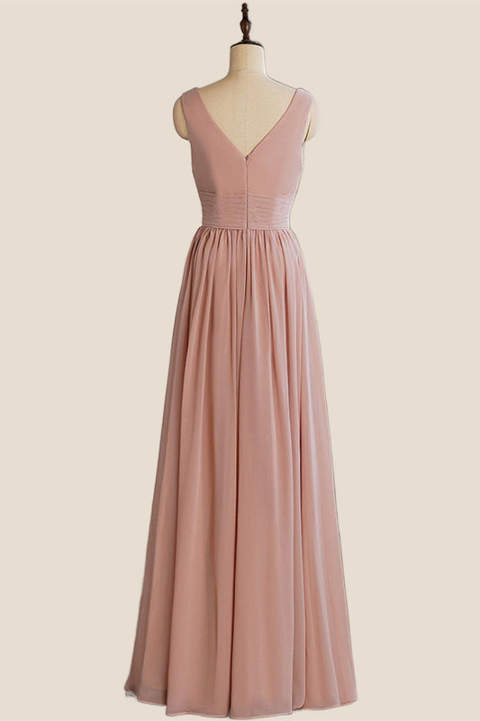 V Neck Blush Pleated A-line Long Dress