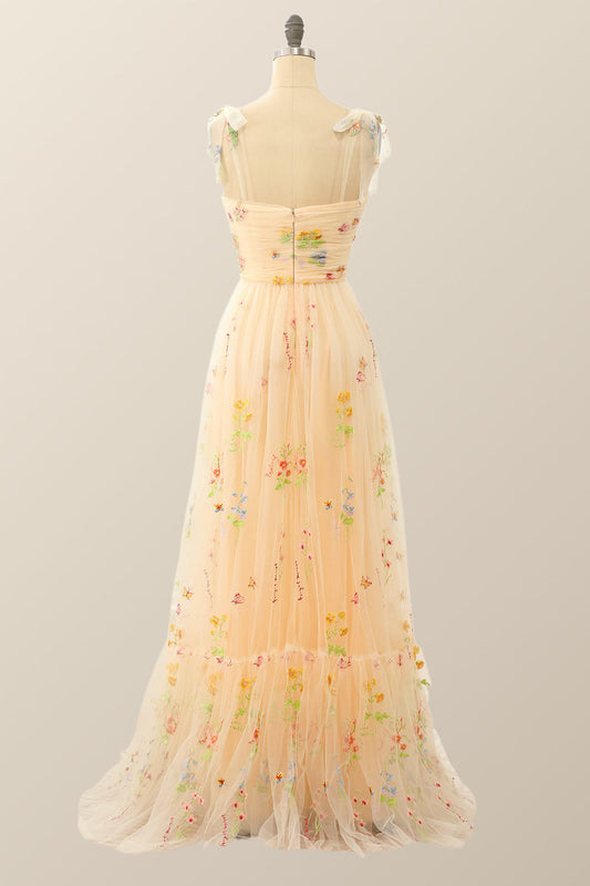 Champagne A-line Embroidered Long Formal Gown