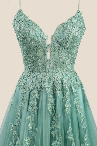 Turquoise Lace Appliques Straps A-line Long Formal Dress