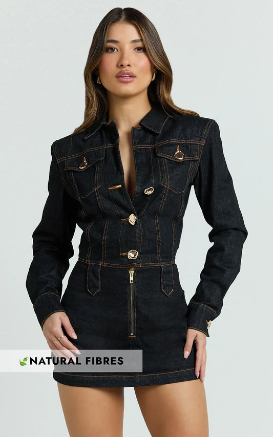 Fabia Mini Dress - Denim Hardware Button Front Fitted Shirt Dress in Dark Wash