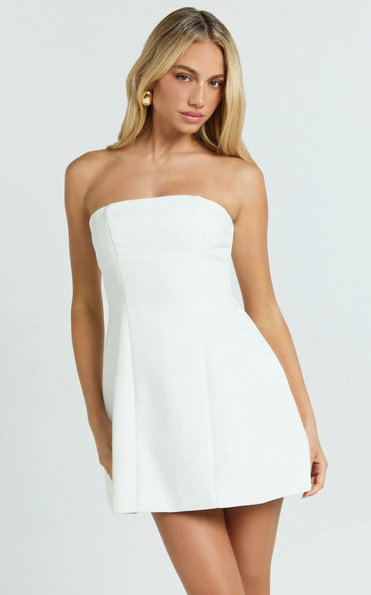 Catharine Mini Dress - Strapless A Line Dress In White