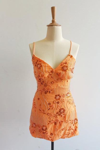 Spaghetti Straps Beaded Fuchsia Mini Dress