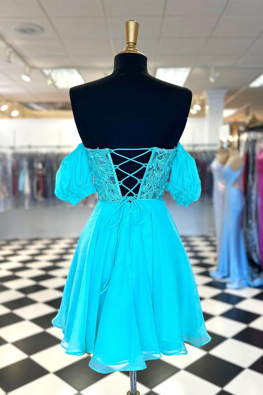 Sweetheart Blue Lace and Chiffon Short Dress