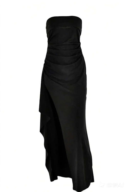 Strapless Black Ruched Long Dress with Slit
