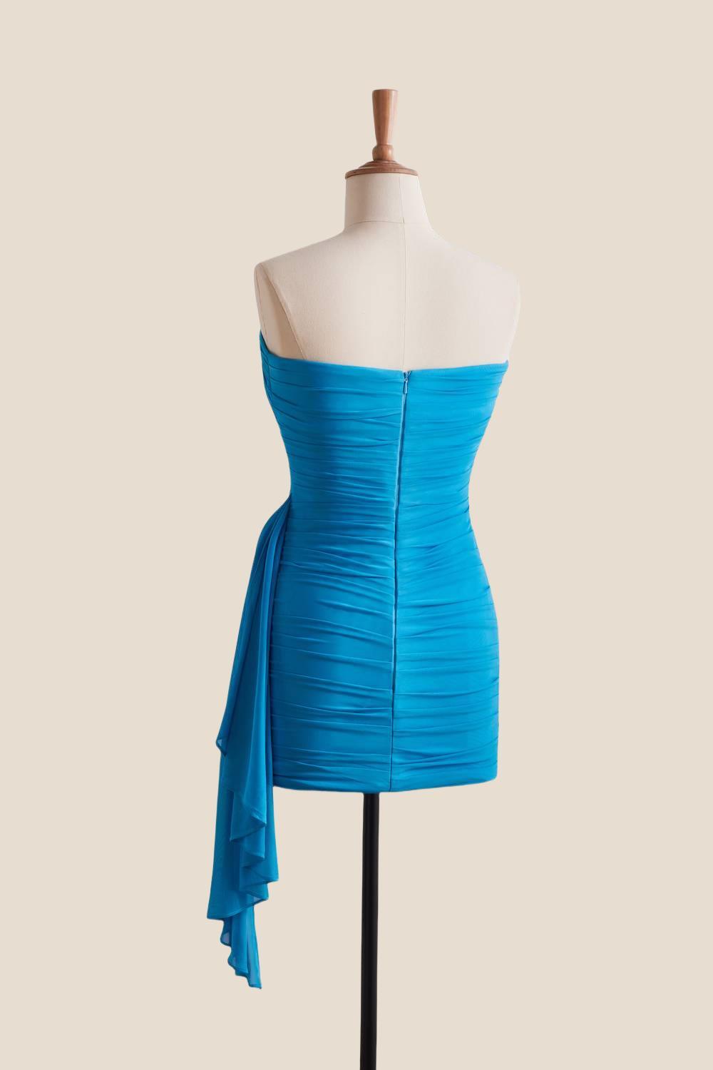 Strapless Blue Tight Short Dress with Train