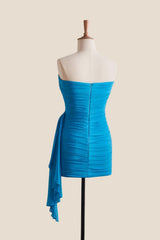 Strapless Blue Tight Short Dress with Train