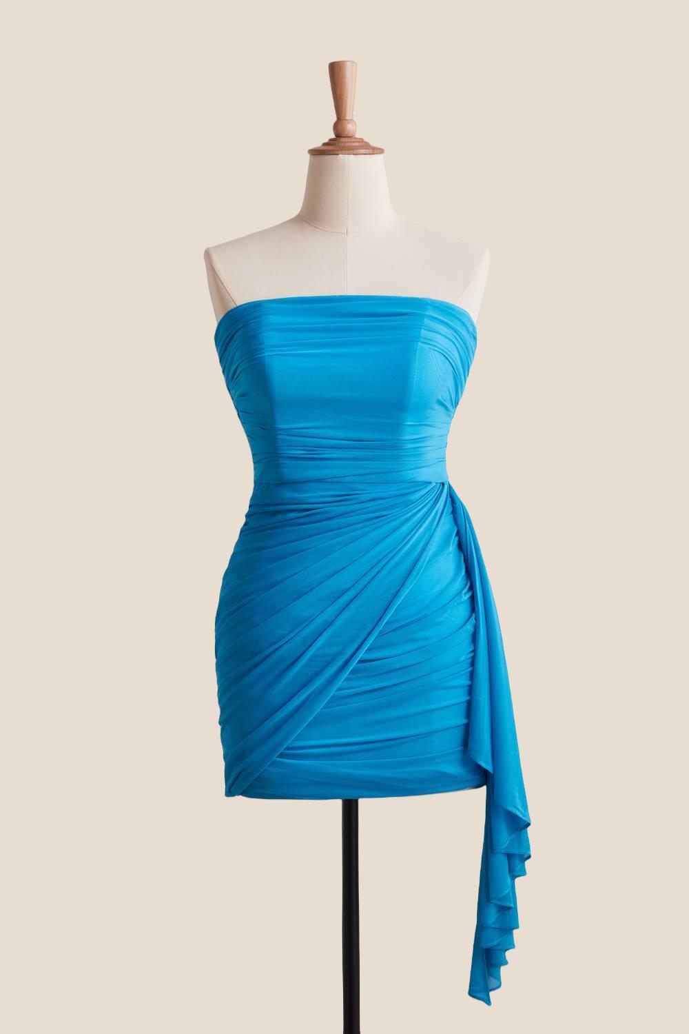 Strapless Blue Tight Short Dress with Train