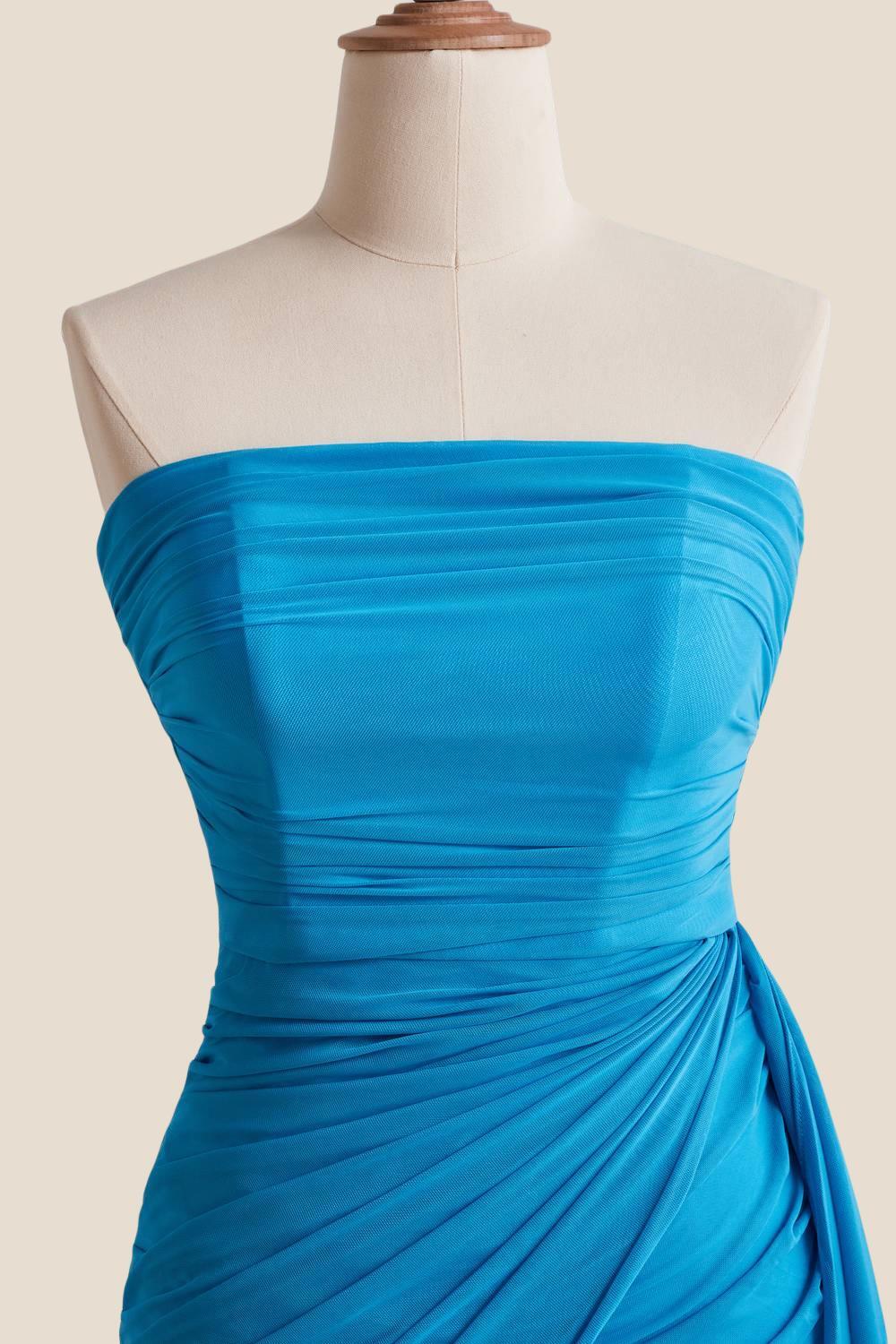 Strapless Blue Tight Short Dress with Train