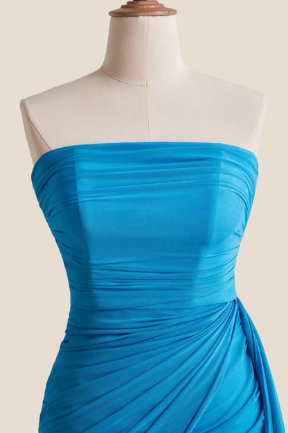 Strapless Blue Tight Short Dress with Train