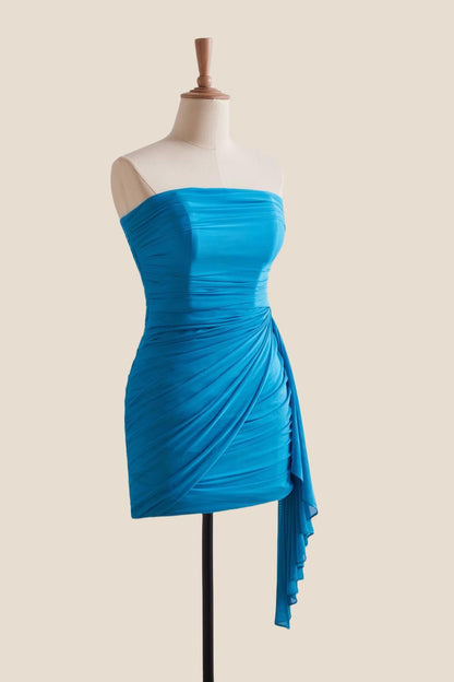 Strapless Blue Tight Short Dress with Train