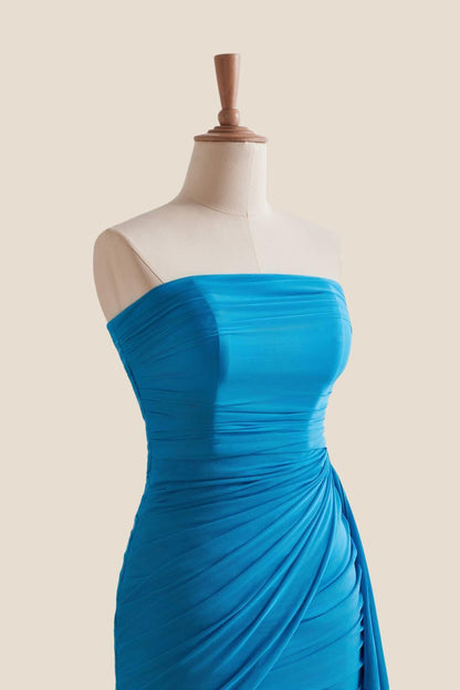 Strapless Blue Tight Short Dress with Train