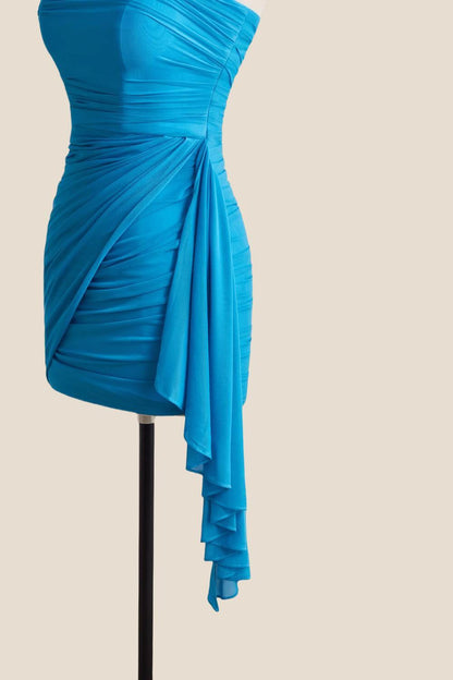 Strapless Blue Tight Short Dress with Train