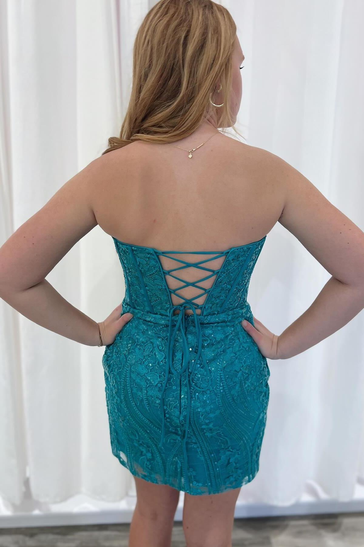 Strapless Blue Appliques Bodycon Short Dress