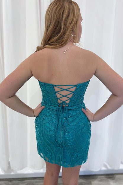 Strapless Blue Appliques Bodycon Short Dress