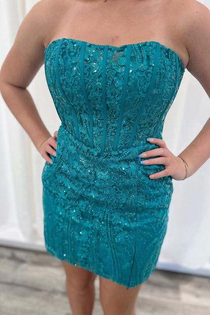 Strapless Blue Appliques Bodycon Short Dress