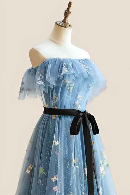 Strapless Blue Floral Fairytale A-line Long Princess Dress